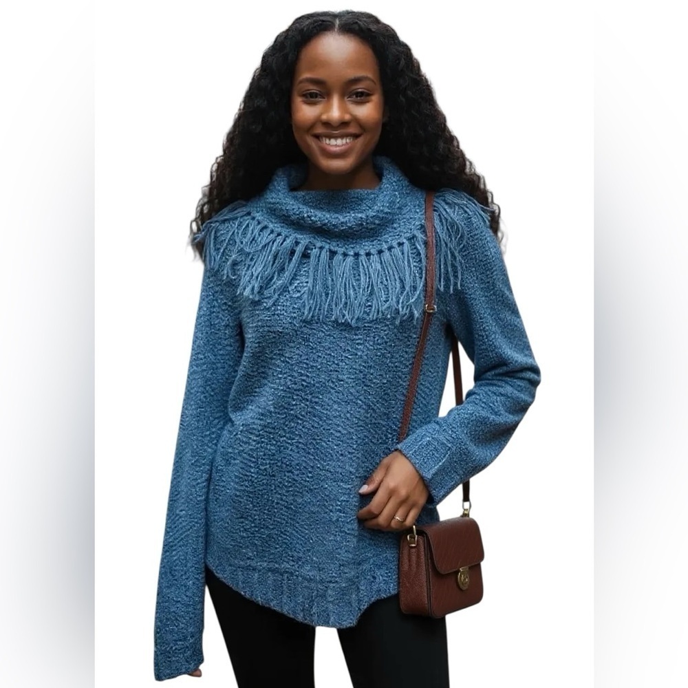 PURE SILK Hand Knitted Blue Cowl Neck Sweater Fringe Detail Small Luxury EUC - Picture 3 of 13